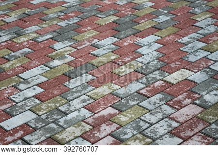 Mosaic Paving Slabs. Road Paving, Construction. Colored Concrete Paving Stones