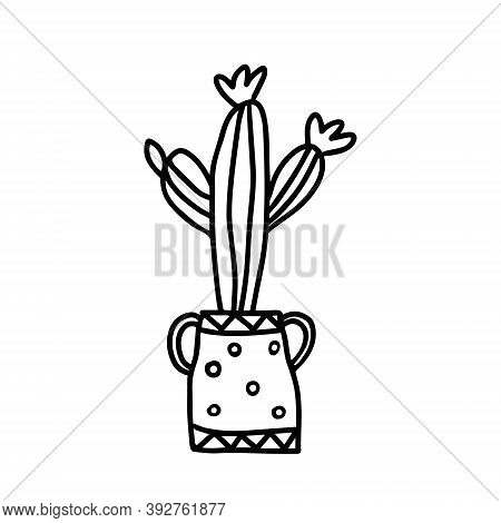Black Outline Hand Drawing Vector Illustration Of A Decorative Cactus Cereus Plant In A Pot Isolated