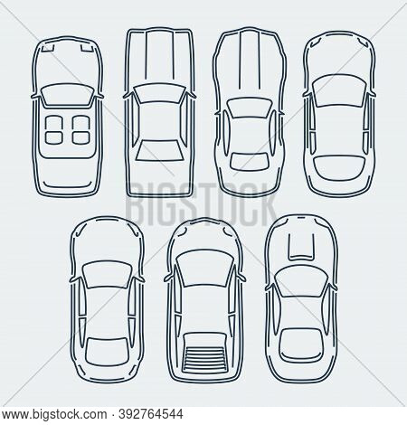 Vector Set Of Cars In Outline Style, Top View