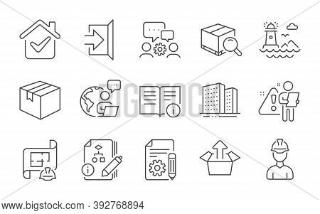 Documentation, Lighthouse And Send Box Line Icons Set. Algorithm, Technical Info And Parcel Signs. S