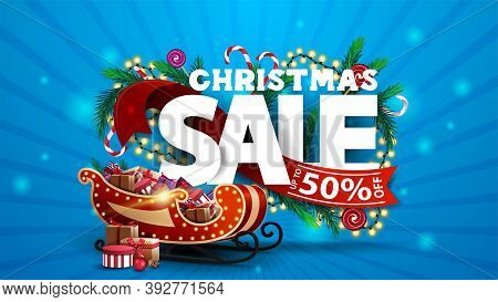 Christmas Sale, Blue Discount Banner With 3d Text Decorated Of Christmas Tree Branches, Candys And G