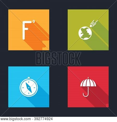 Set Fahrenheit, Comet Falling Down Fast, Compass And Umbrella Icon. Vector