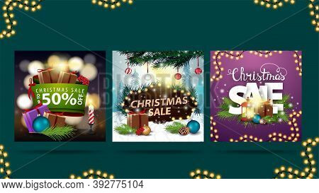 Christmas Sale, Set Of Christmas Discount Square Banners With Christmas Presents, Garlands And Chris