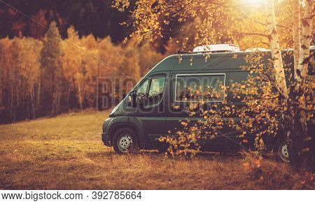 Autumn Fall Foliage Rv Recreational Vehicle Camper Van Road Trip And Scenic Camping In Beautiful Pla