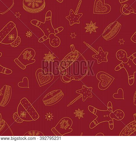 Vector Holiday Illustration With Hot Drinks, Cakes And Funny Gingerman On A Red Background. Outline 