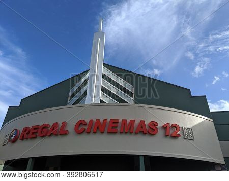 Honolulu -  October 19, 2019:  Movie Theater Marquee Of Regal Cinemas 12 Pearl Highlands With Clouds