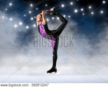 Biellmann spin. Man figure skating in action. Sports banner. Horizontal copy space background
