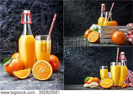 Collage mix set of Freshly squeezed orange juice in glass bottle with straw. Fruity still life on black backdrop and grey concrete surface rustic style.