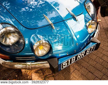 Strasbourg, France - Oct 1, 2017: Overhead View Of Beautiful Blue Vintage Alpine A110 Berlinette Gro