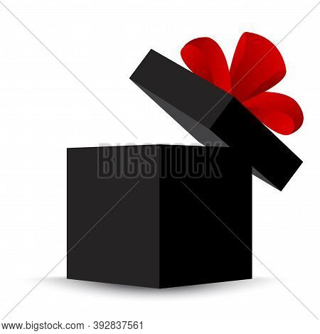 Black Gift Red Ribbon In 3d Style. Picture With A Black Christmas Present. Open Box With Red Ribbon.