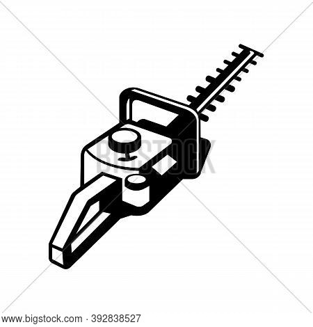Mascot Illustration Of A Hedge Trimmer Or Hedge Cutter Viewed From A High Angle On Isolated Backgrou