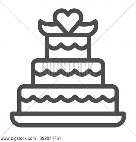 Three Tiered Cake With Heart On Top Line Icon, Birthday Cupcake Concept, Wedding Cake Sign On White 