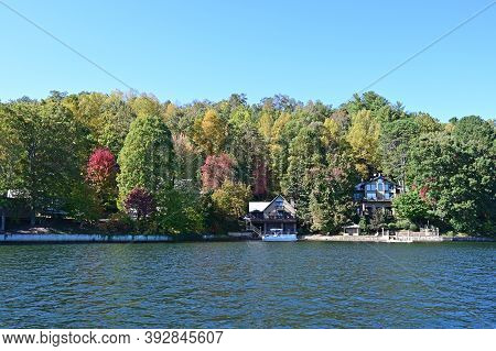 Lake Santeetlah, North Carolina - October, 2020 - Lake Homes On Lakeshore In Autumn.