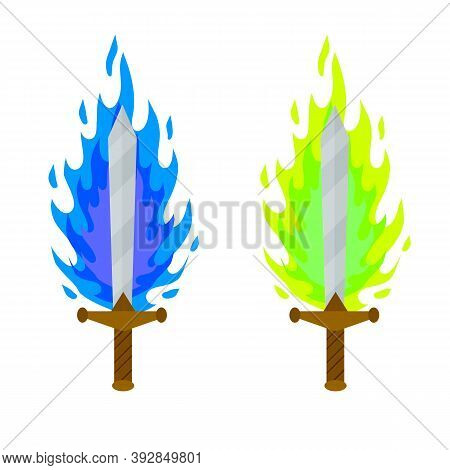 Fiery Sword. Magic Weapon Of A Knight, A Sorcerer, A Magician. Green Acid And Blue Fire Spell. The M