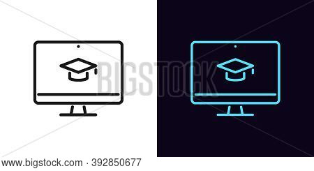 Outline Online Education Icon. Linear Webinar Sign With Editable Stroke, Digital Study. Video Course
