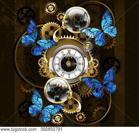 Composition Of Round Steampunk Clock With Black Roman Numeral Dial, Decorated With Gold And Brass Ge