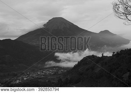 Black And White View Of Tourist Destinations In The Dieng Plateau, Central Java. See Rural Scenery A
