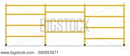 Metal Yellow Standing Rack. Empty Metallic Storage Shelves Isolated On White. Warehouse Equipment An