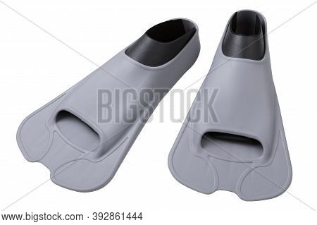 Gray Rubber Short Fins For The Pool, Pair, On A White Background