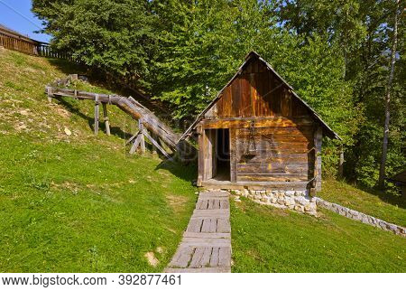 Traditional village Drvengrad Mecavnik in Serbia - architecture travel background