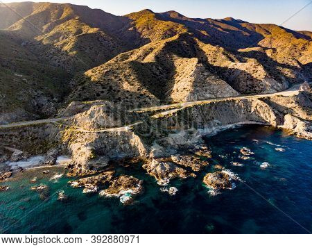 Aerial View. Road Along Spanish Rocky Shoreline. Mediterranean Region Of Villaricos, Almeria, Easter