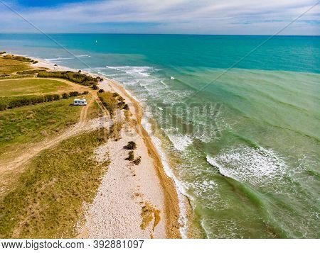 Caravan Camping On Coast. Aerial View