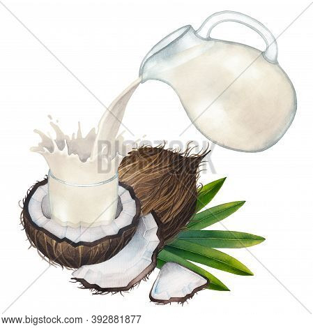 Watercolor Plant Based Coconut Milk Pouring Out From The Glass Jug Into The Cup