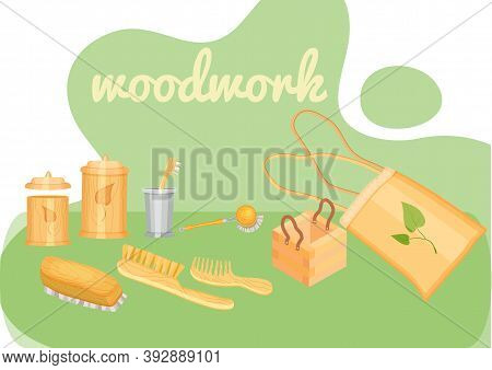 Wooden Vessel For Bathroom. Toothbrush, Combs, Brushes, Square Box With Handles, Bag With Leaf Image