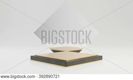 Rhombus Black Granite Pedestal With Gold Top And Mirror Isolated On White Background. 3d Rendered Mi