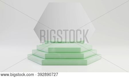 Hexagon Jade Pedestal Steps With Mirror Isolated On White Background. 3d Rendered Minimalistic Abstr