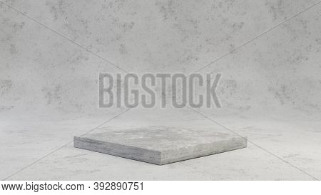 Concrete Pedestal Isolated On Grey Cement Background. 3d Rendered Minimalistic Abstract Background C
