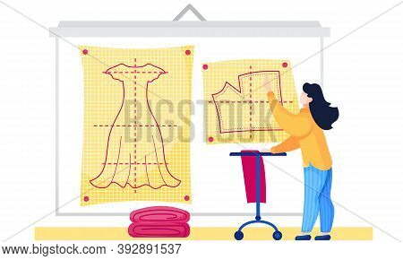 Girl Studying The Plan For Clothes. Fashion Designers Making A Pattern On Yellow Paper. Future Cloth