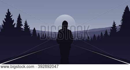 Girl Stad On The Asphalt Road And Looks To The Mountains Vector Illustration Eps10