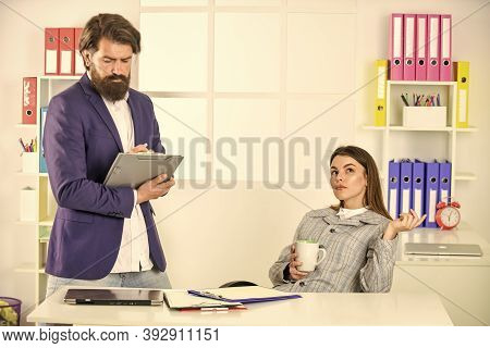 Business Couple Working. Man And Woman Office. Friendly Gesture. Personal Assistant. Modern Business