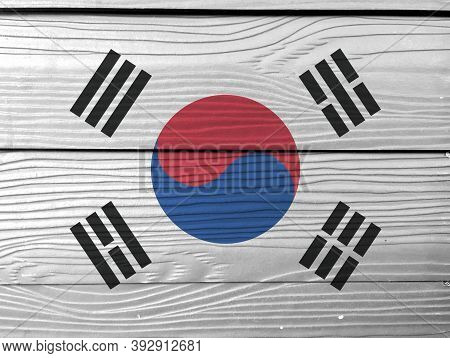 Flag Of South Korea On Wooden Wall Background. Grunge South Korea Flag Texture, The White Color With