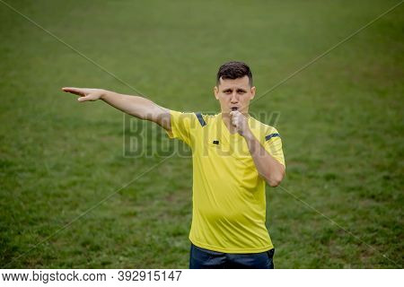 Referee Indicates A Violation Of The Rules. Concept Of Sport, Rules Violation, Controversial Issues,