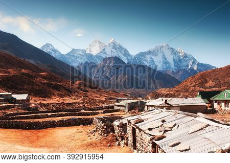 Pheriche Village And View Of Mount Kangtega At Sunrise In Himalaya Mountains. Khumbu Valley, Everest