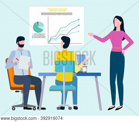 Woman Financial Analytic Pointing On Board With Scheme, Colleagues. Vector People Cooperating In Tea