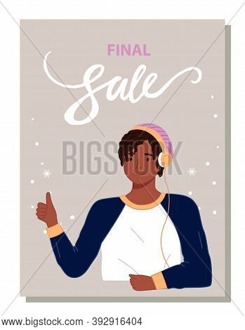 Sale Banner With Girl Or Gyu Makes Gesture Thumbs Up Like And Ok Symbol. Discount Poster Template. B