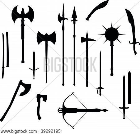Medieval War Type Of Weapon, Set Icon Crossbow, Sword, Axe, Pike Mace And Katana Old Cold Weaponry B
