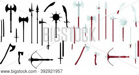 Medieval War Type Of Weapon, Set Icon Crossbow, Sword, Axe, Pike Mace And Katana Old Cold Weaponry F