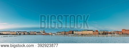 Helsinki, Finland - December 10, 2016: Panoramic View Of Kanavaranta Street And Uspenski Cathedral A