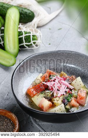 Salmon Ceviche With Onion, Cucumber And Tomatoes Closeup.