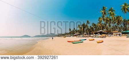 Canacona, Goa, India - February 16, 2020: Canoe Kayak For Rent Parked On Famous Palolem Beach On Bac