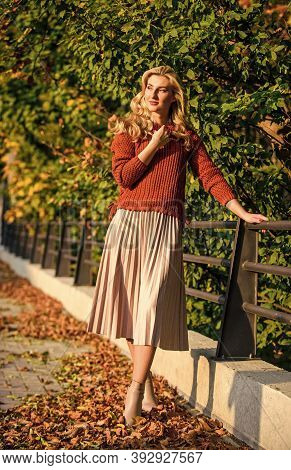 Autumn Girl. Girl Walk In Park. Sunny Day With Fallen Leaves. Fall Fashion Season. Female Beauty. Fe