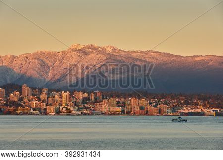 North Vancouver Burrard Inlet Dusk. Last Light On The Mountains And North Vancouver Across Burrard I