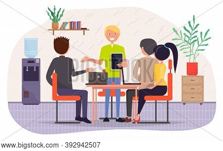 Conference Or Business Meeting In Office, Guy Holding Digital Tablet Standing In Front Of Group Of P