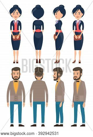 Stylish Businesspeople Wearing Office Suits, Accessories. Elegance Jacket And Dress. Office Worker D