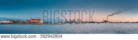 Helsinki, Finland. Multistorey Residential Houses In Merihaka District In Morning Sunrise Time. Pano
