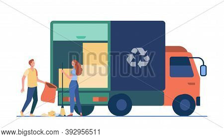 People Loading Garbage Into Truck. Trash Pickup With Recycling Sign Flat Vector Illustration. Garbag